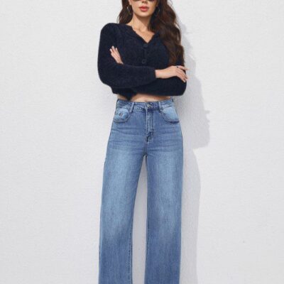 jean femme taille haute coupe large et droite denim