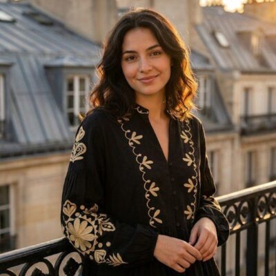 Chemise femme brodée à manches longues noire