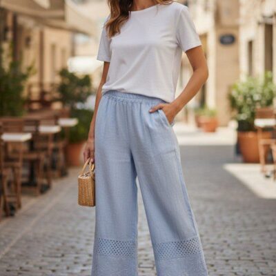 pantalon femme brodé en lin bleu ciel