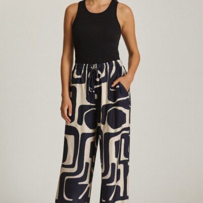 Pantalon fluide imprimé taille élastique marine