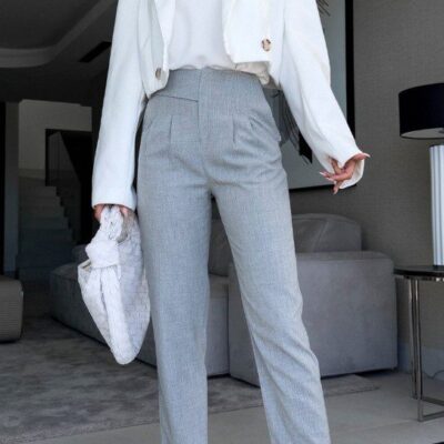 pantalon femme à pinces gris clair