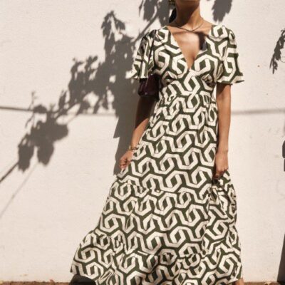 Robe longue femme à imprimé graphique kaki